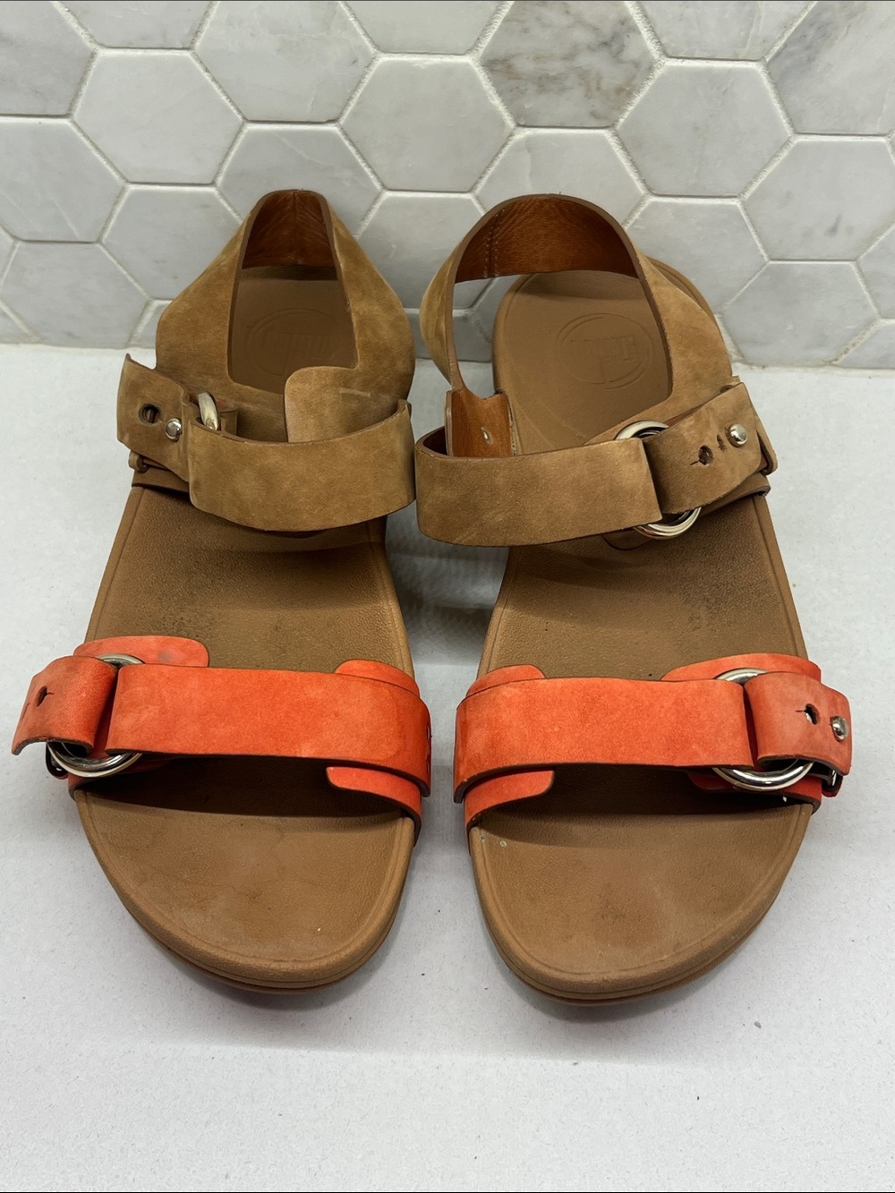 FITFLOP Via Bar Women’s Suede Buckle Sandals Brown & Orange Size 8